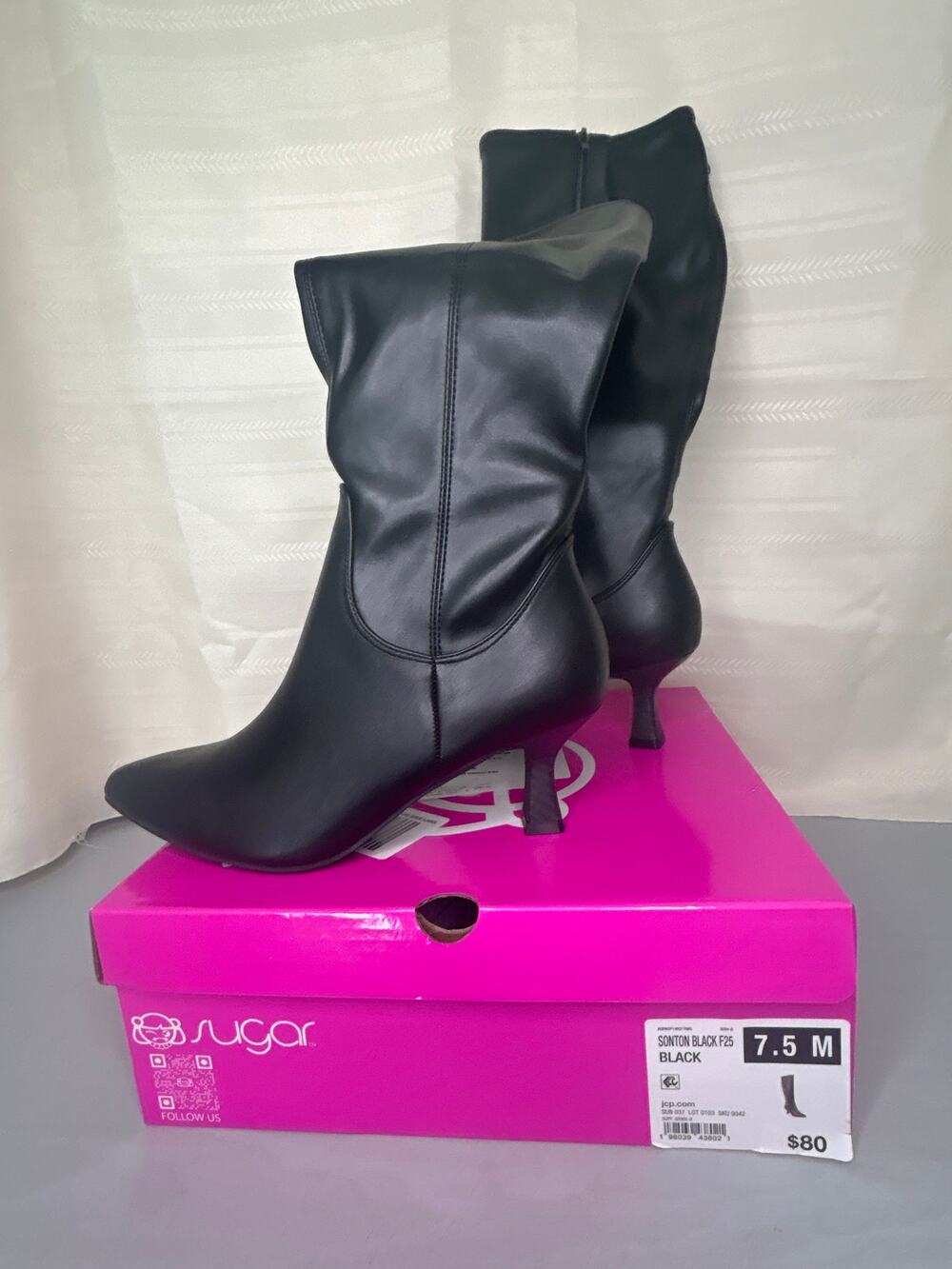 Sugar Sonton Pointed Toe Kitten Heel Mid Calf Boots Black Womens Size 7.5M